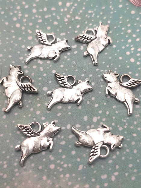 15x12mm Anhänger Metall Silber - Flying Pig Glücksschwein