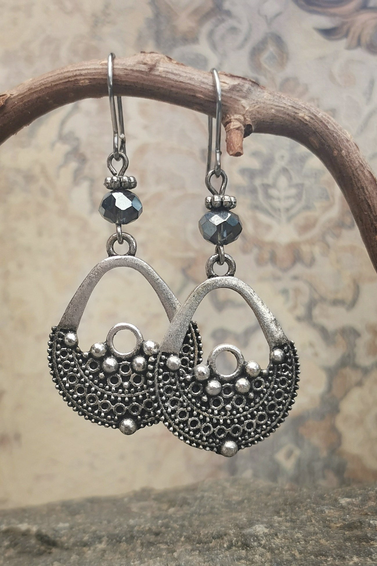 Earrings - EthnoDotsWithSmokyCrystalglass
