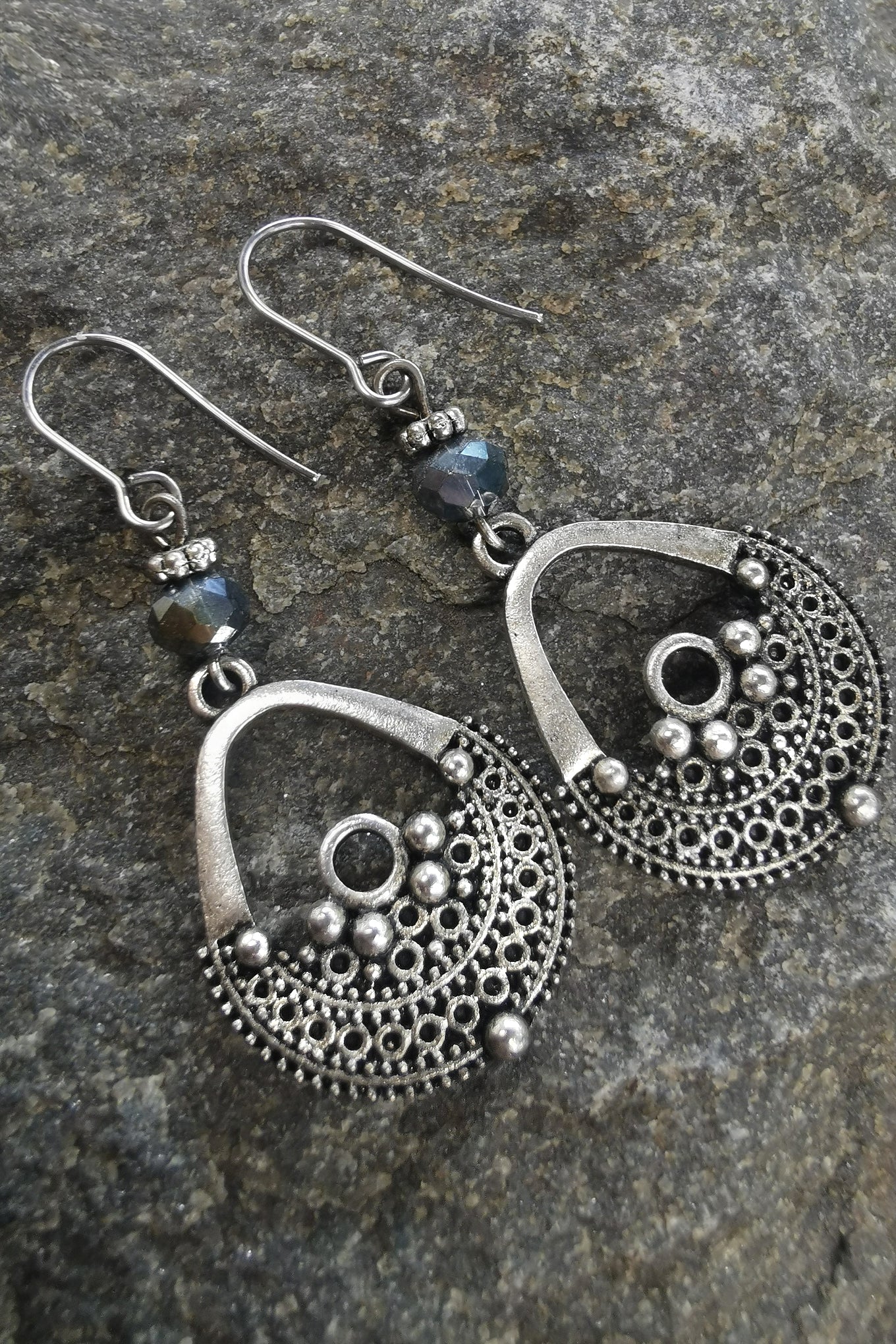 Earrings - EthnoDotsWithSmokyCrystalglass