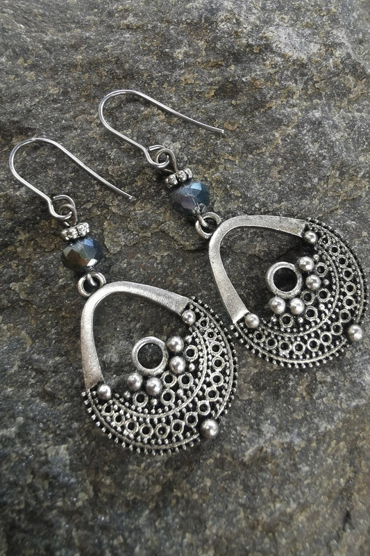Earrings - EthnoDotsWithSmokyCrystalglass